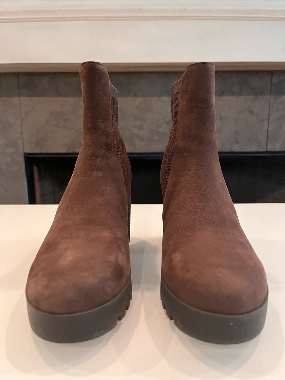 Eileen Fisher Farrah Chocolate Brown Suede Knit Platform Booties 6.5